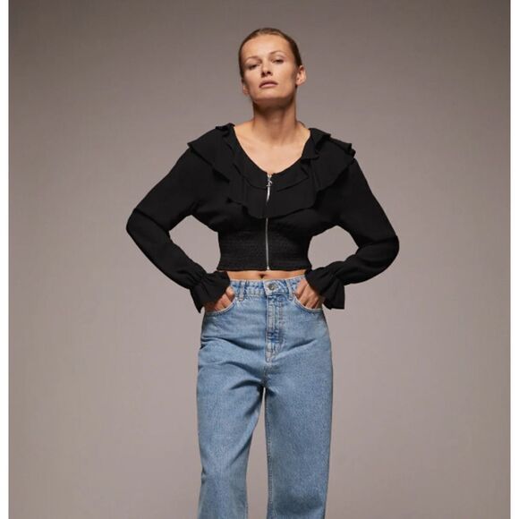ZARA ZIP CROPPED BLACK BLOUSE TOP - Picture 1 of 5